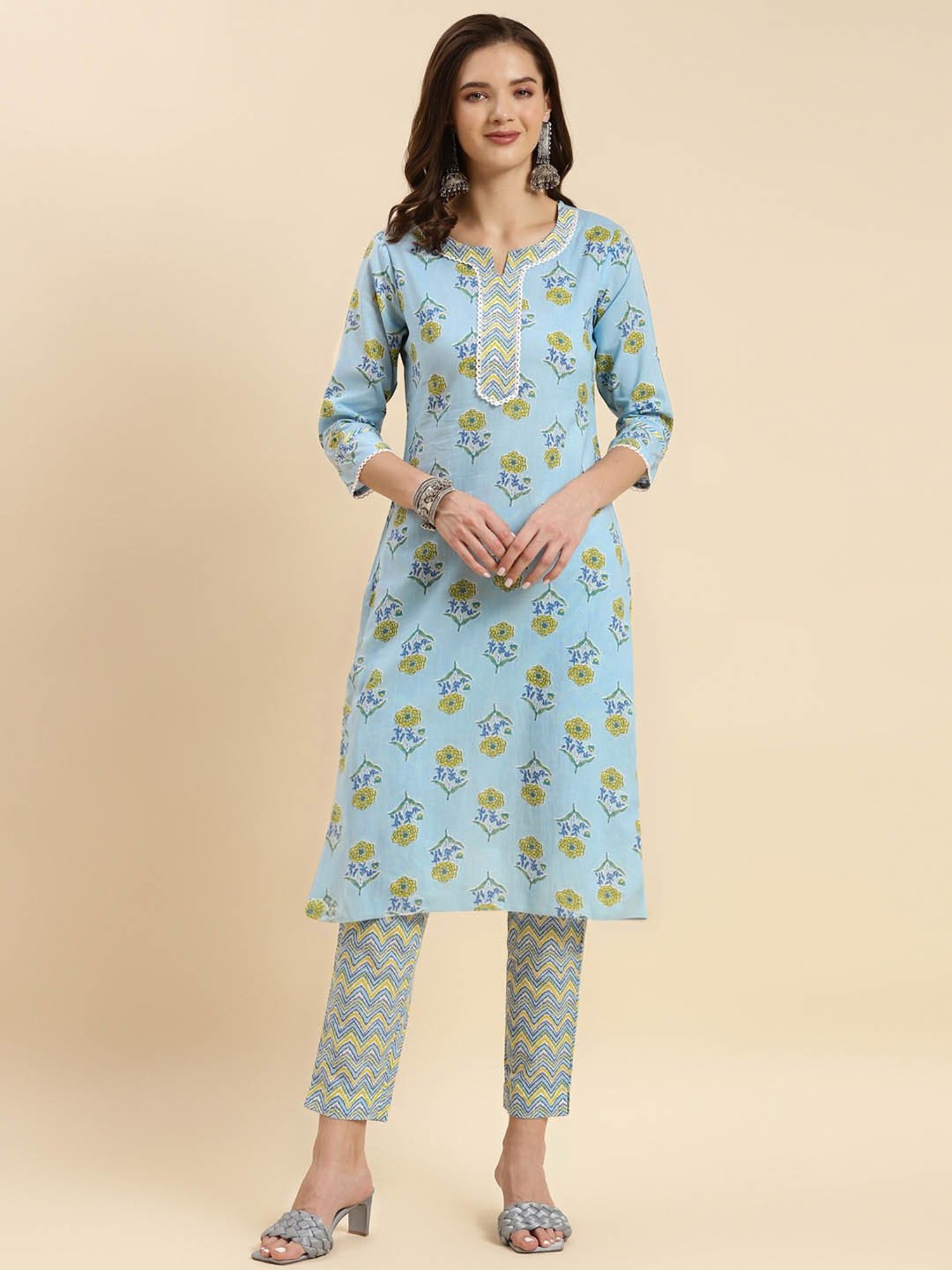 Rangita Blue Cotton Printed Kurta Pant Set
