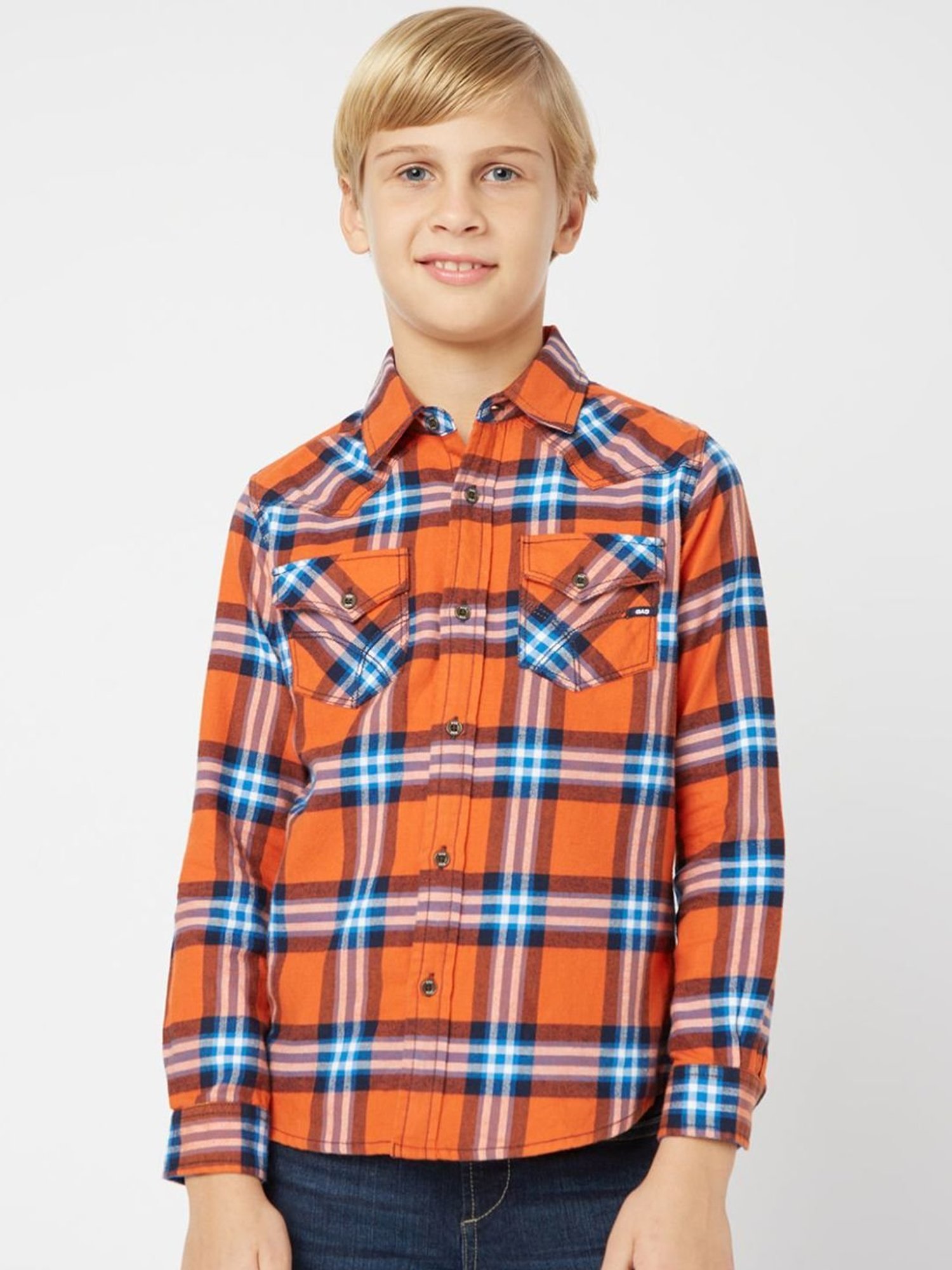 GAS Kids Orange & Blue Cotton Chequered Full Sleeves Shirt