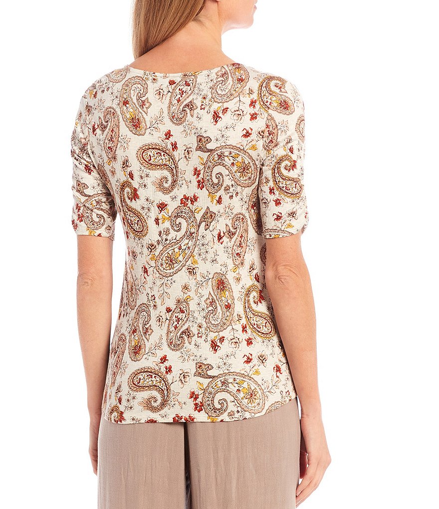I.N. Studio Petite Size Paisley Print Pucker Knit V-Neck Elbow Cinched Sleeve Button Tie-Front Top
