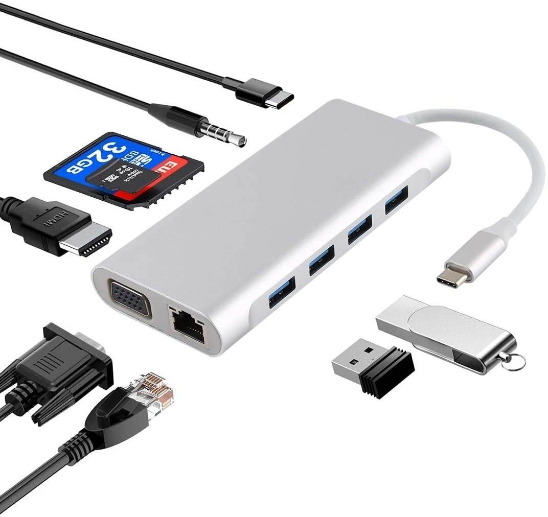 DUANZHIREN-US 11 in 1 USB C hub Type-C to VGA LAN Port 4 USB3.0 SD TF Card HDMI Audio Port Type-C HUB Adapter (Color : Silver)