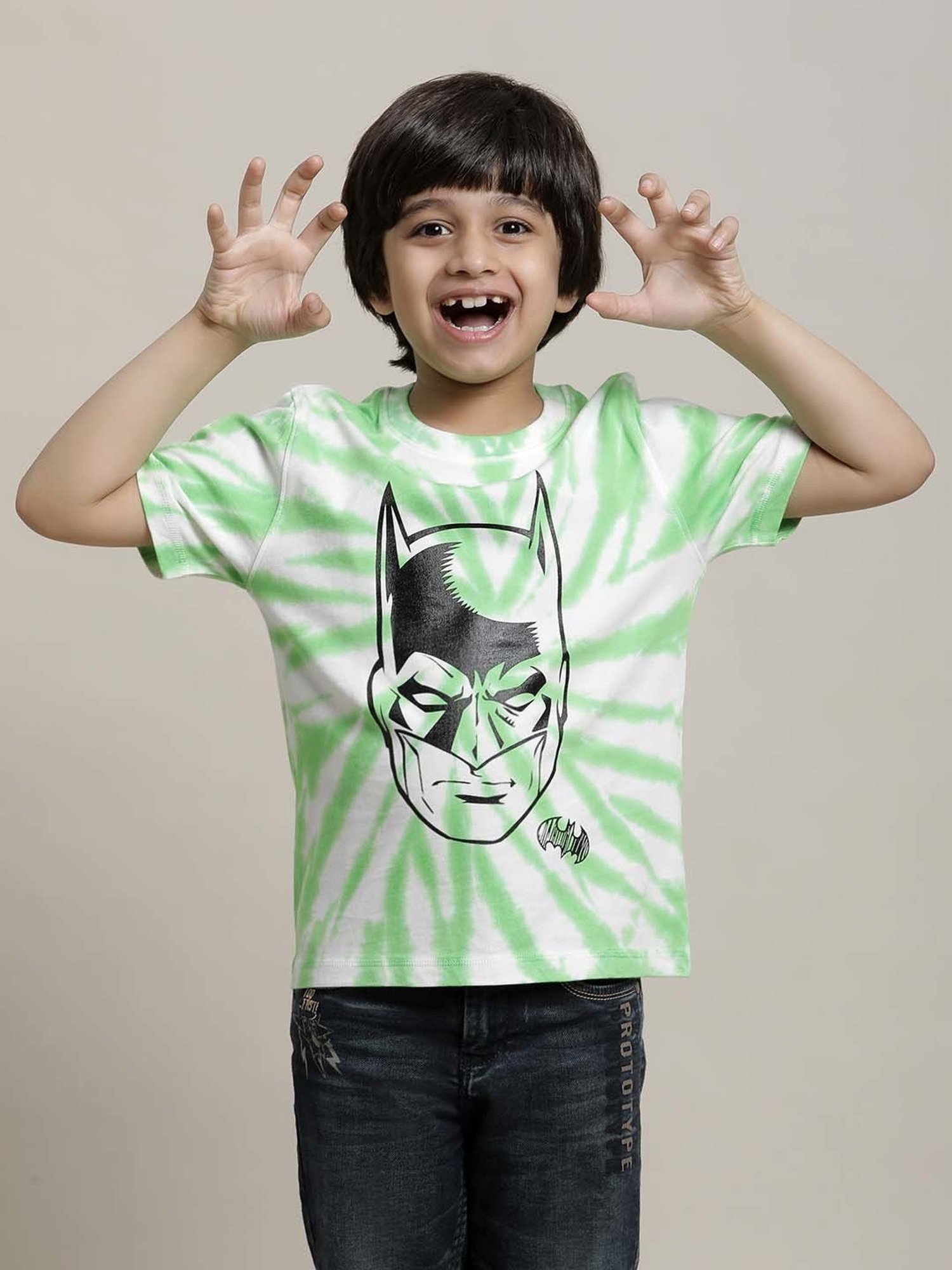 Kidsville Green & White Cotton Printed Batman T-Shirt