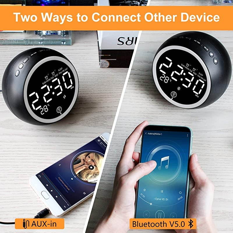 Alarm Clock Radio,Bluetooth V5.0,Hi-Fi Speaker,Dual Alarms with Snooze,Digital Display with dimmer,Dual USB Output Ports,FM Radio with Sleep Timer,Night Light,Clock for bededrooms