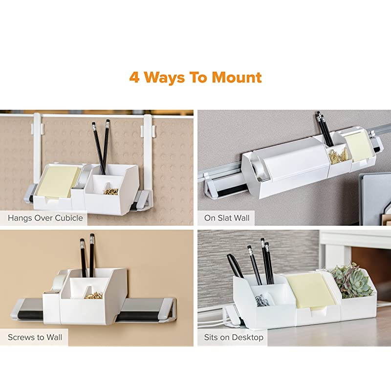 Konnect 5Piece Desktop Organizer Kit Includes Cable Management Rail Charging Phone Dock Tape Dispenser Sticky Notes Storage Bin White KTCKIT1WHITE