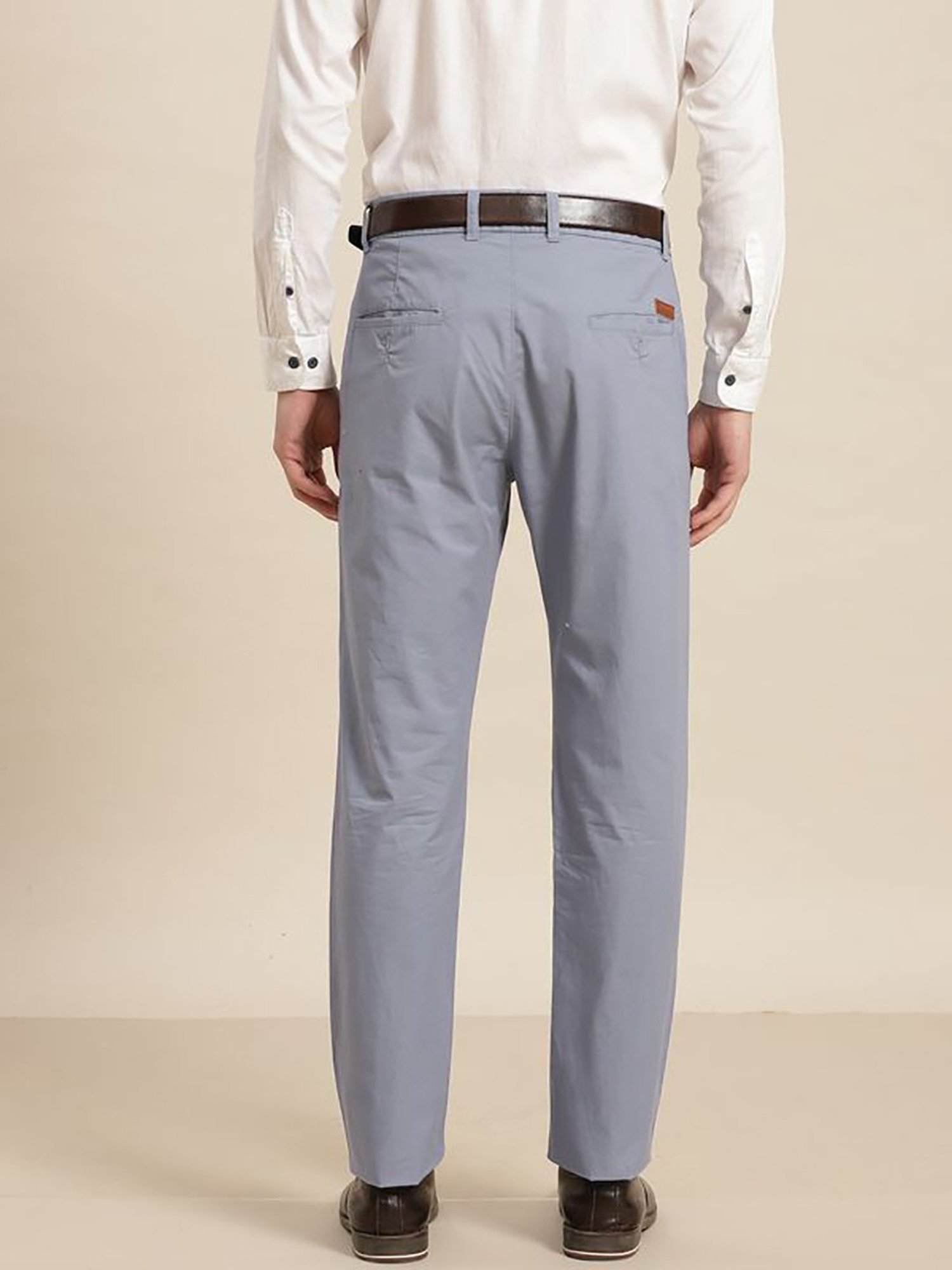 Hancock Blue Cotton Slim Fit Solid Trousers