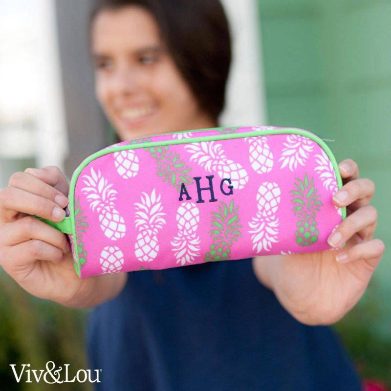 Lined Polyester Zippered School Pencil Case with Carry Strap (Pink Pineapple)