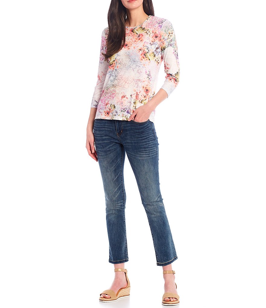 Reba Crystal Embellished Multi Floral Print 3/4 Sleeve Burnout Jersey Knit Tee