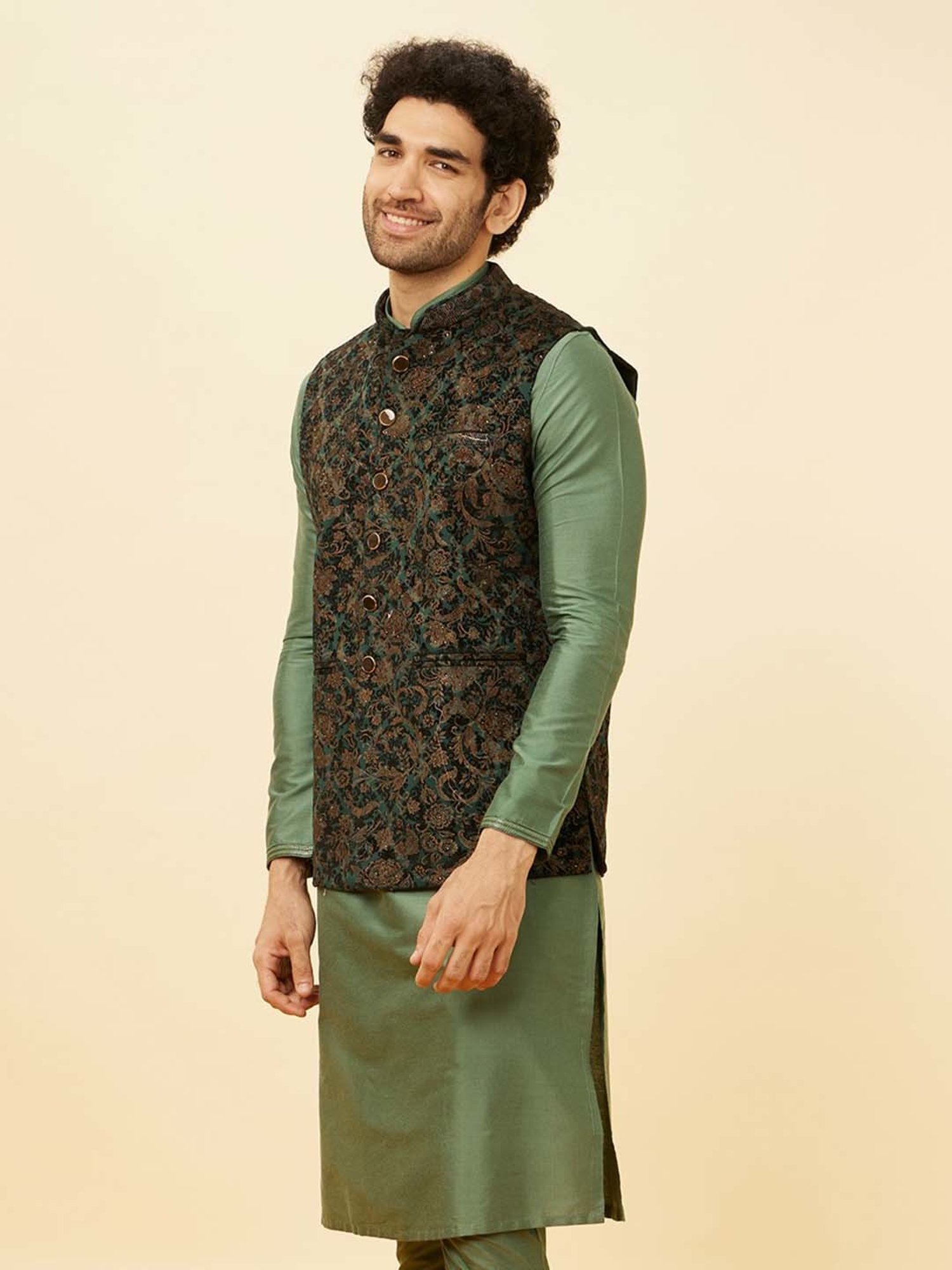 Manyavar Light Green Regular Fit Self Design Nehru Jacket