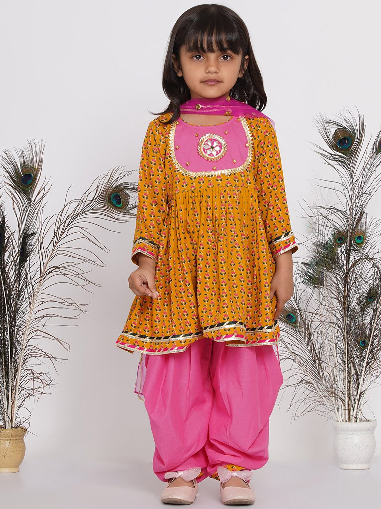 Little Bansi Kids Yellow & Pink Printed Kurta Frock with Salwar & Dupatta