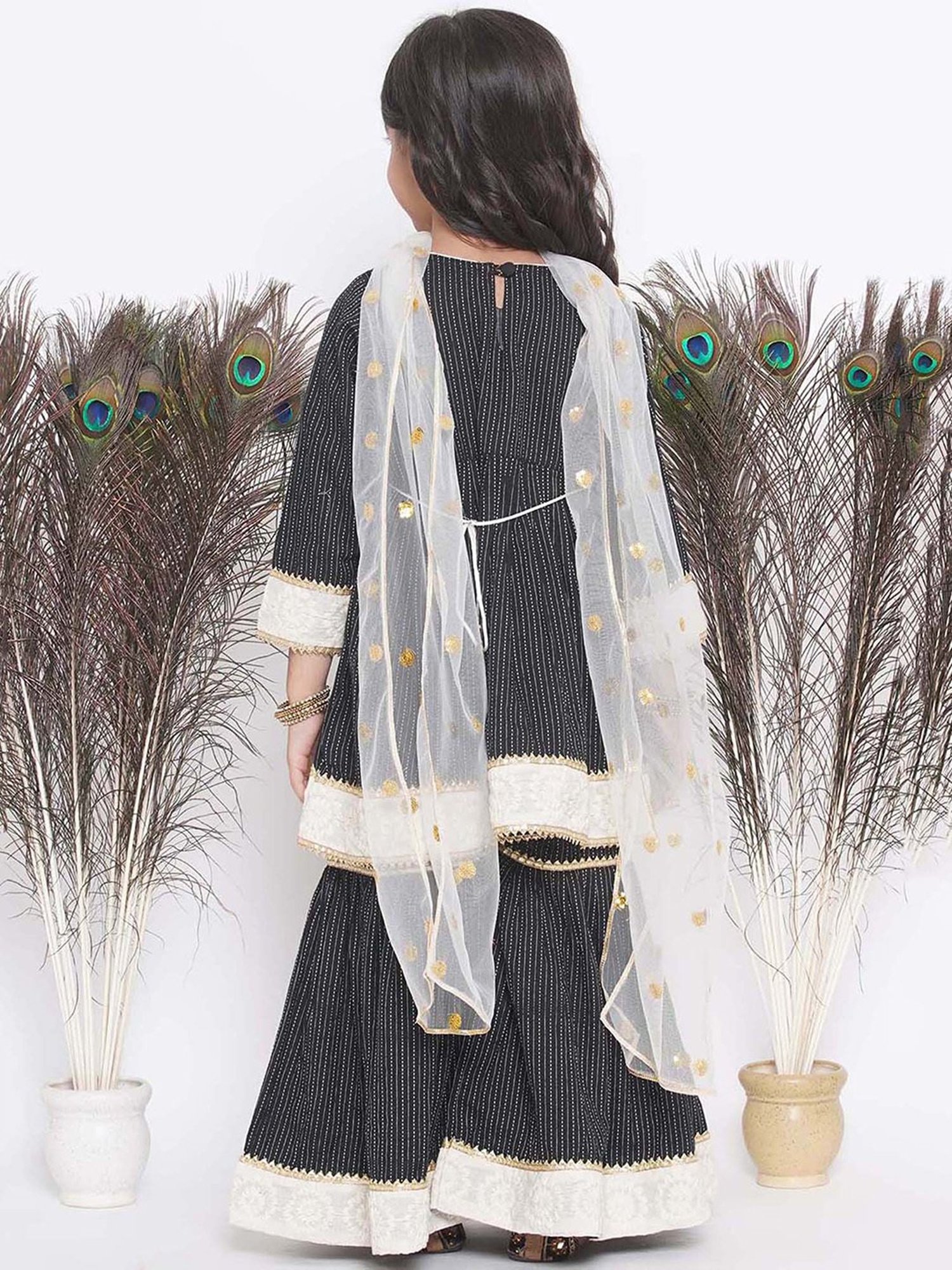 Little Bansi Kids Black & White Embroidered Kurta, Sharara, with Dupatta