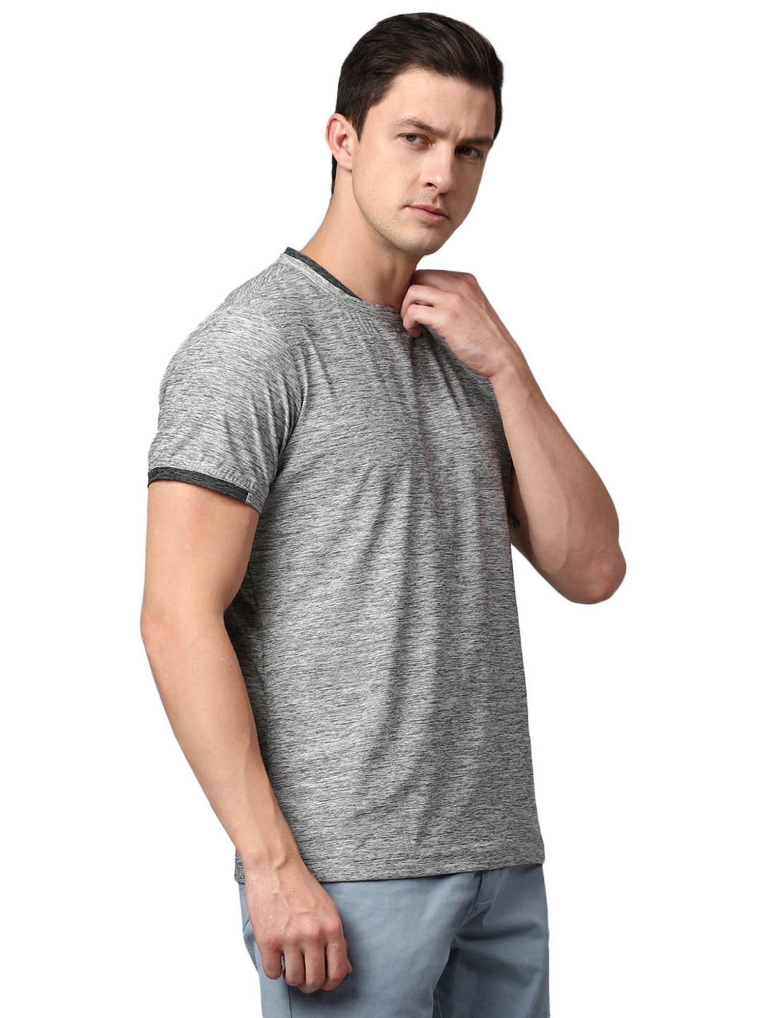 Slowave Grey Regular Fit Self Design T-Shirt