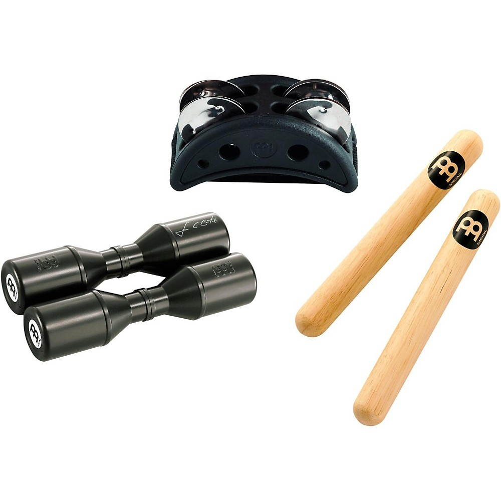 Meinl Percussion Pack w/ Compact Foot Jingle Tambourine, Classic Hardwood Claves and Artist Series Shaker