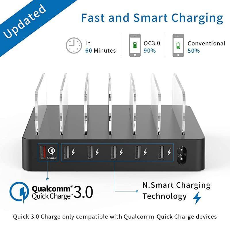 Fastest Charging Station with Quick Charge 3.0,  6 Ports Charging Dock Station Organizer for Multiple Devices, iWatch Stand, 6 Phone Charger Cables, for Smartphone, Tablet, Kindle [UL Listed]