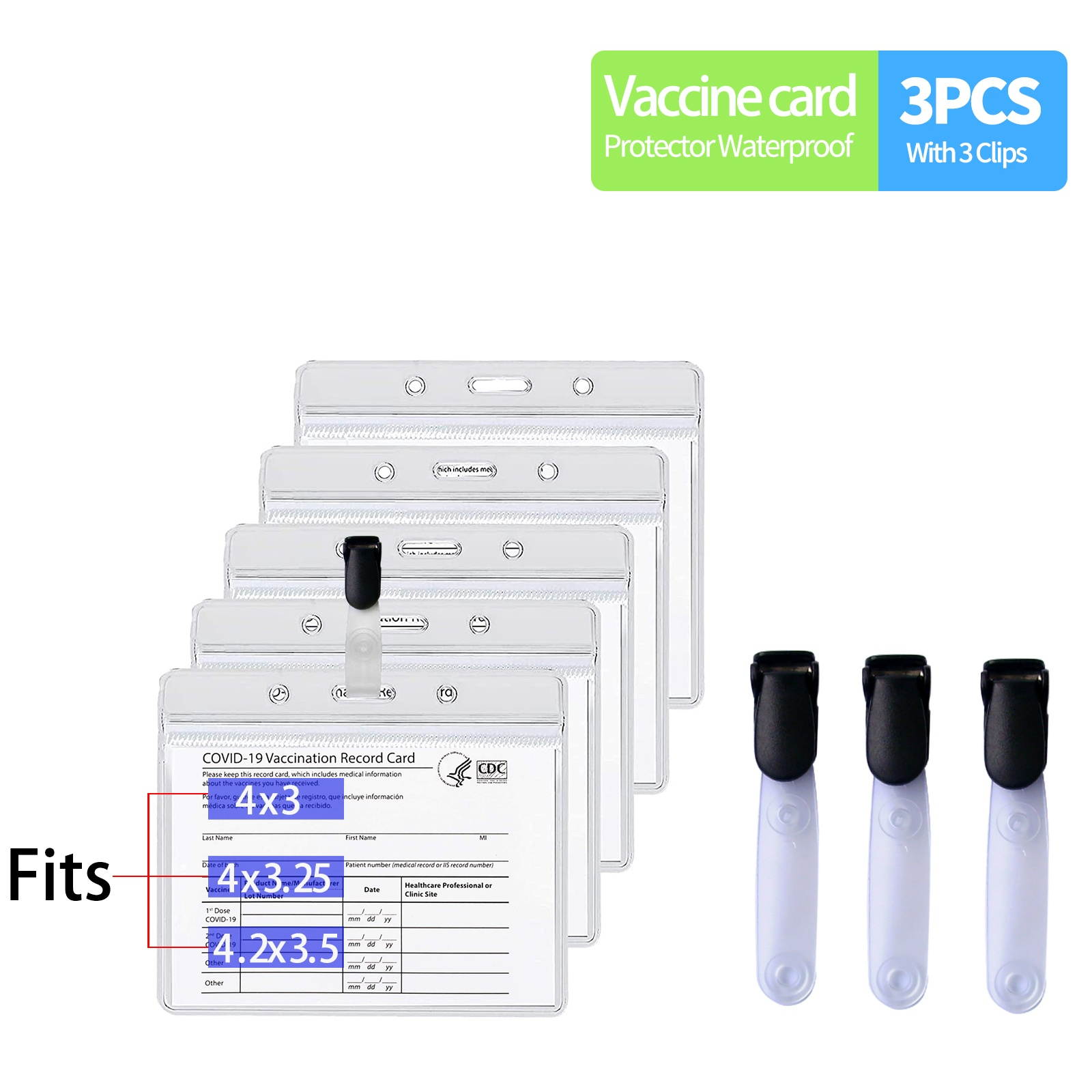 CDC Vaccination Card Protector Fits for 4X3,4X3.25,4.25X3.5 Inches Card, Immunization Record Vaccine Waterproof Cards Holder Clear Vinyl Plastic Sleeve with Resealable Zip 3Packs with Clips