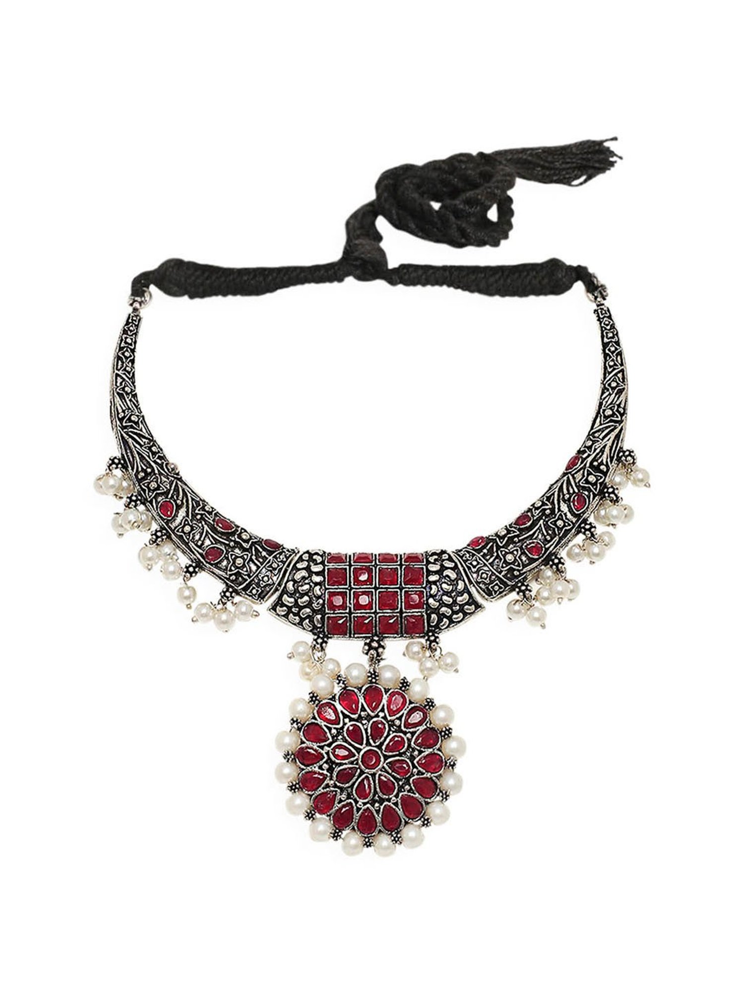 OOMPH Oxidized Silver Look Alike Maroon Stone StoneChoker Necklace Set with Drop Earrings