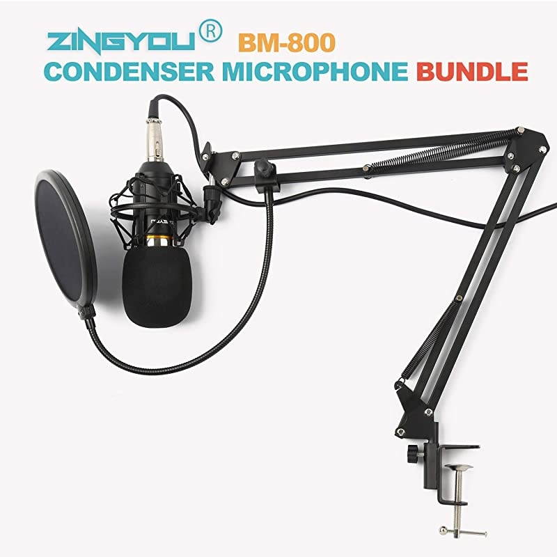 Condenser Microphone Bundle BM800 Mic Kit with Adjustable Mic Suspension Scissor Arm Metal Shock Mount and DoubleLayer Pop Filter for Studio Recording Broadcasting Gold