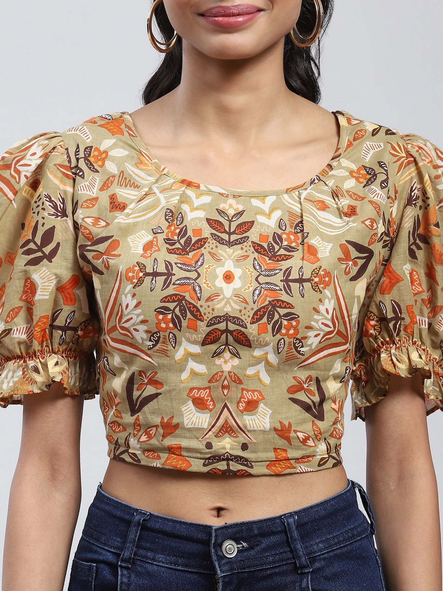 Label Ritu Kumar Khaki Floral Print Crop Top