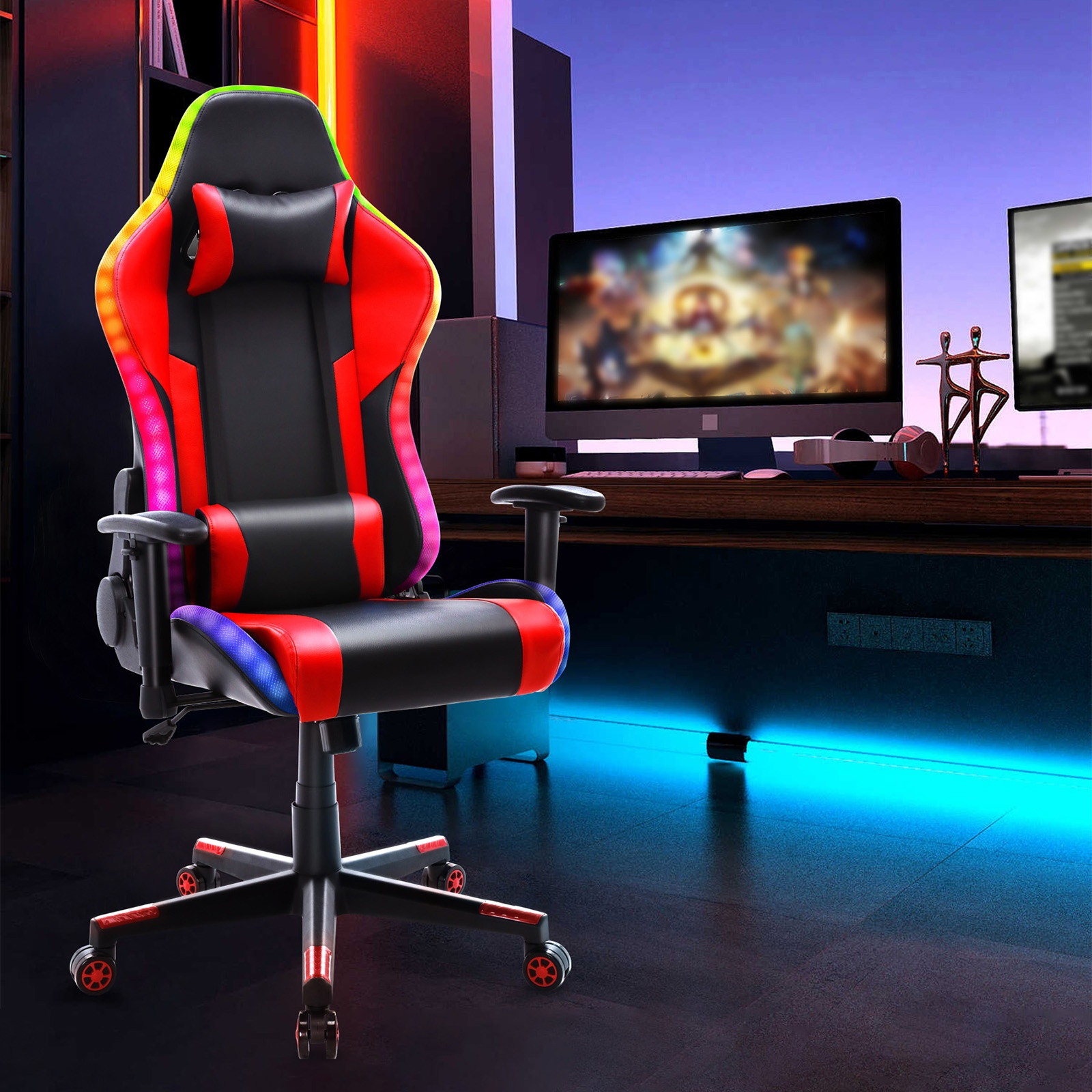 YOUTHUP Gaming Chair with RGB LED Lights, Racing Style Recliner Swivel Video Computer Chair with Bluetooth Speakers, Adjustable Ergonomic High Back, PU Leather with Headrest and Lumbar Support, Pink