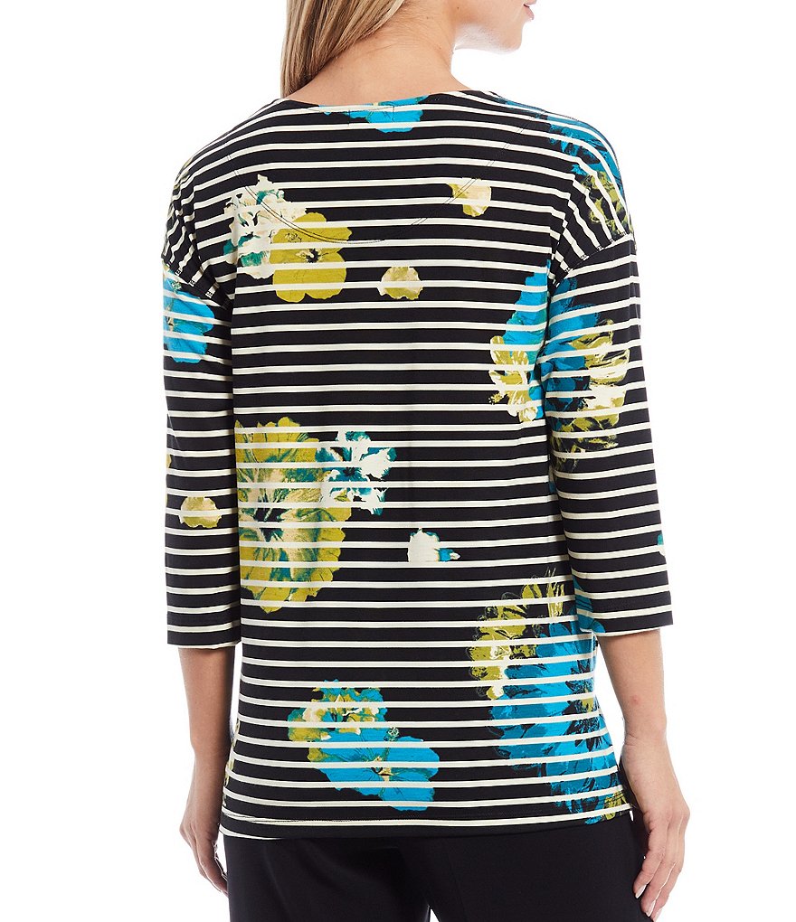 Multiples Floral & Over Yarn Dye Stripe Print Knit Elbow Dolman Sleeve Hi-Low Top