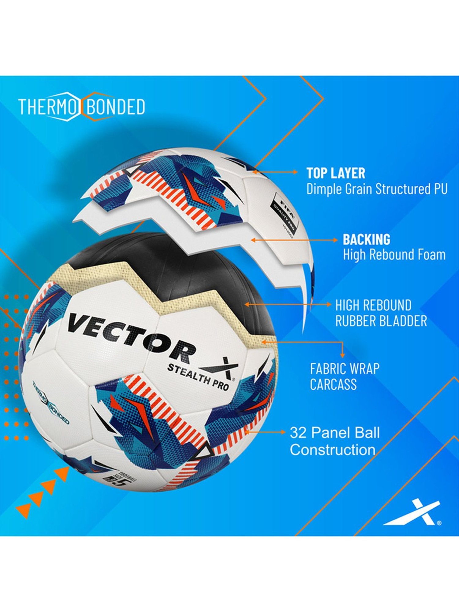 Vector X Stealth Pro FIFA Quality Pro PU Pasted Inflated Thermo Bonded Football (Multi) Size - 5