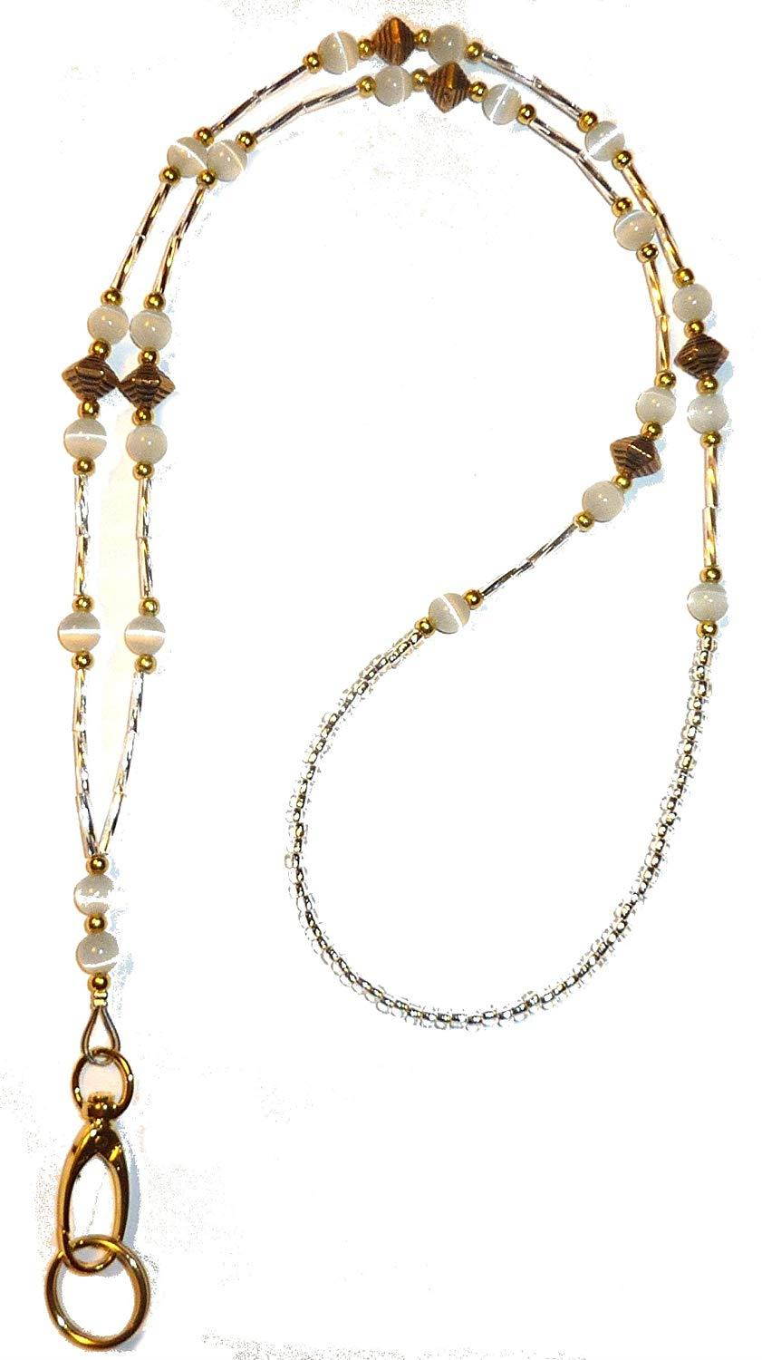 SUPER SLIM Style Fashion Women's Beaded Lanyard 34", Breakaway and Non breakaway available, For Keys, Badge Holder (GOLD Super Slim White - NON Breakaway(Stronger)