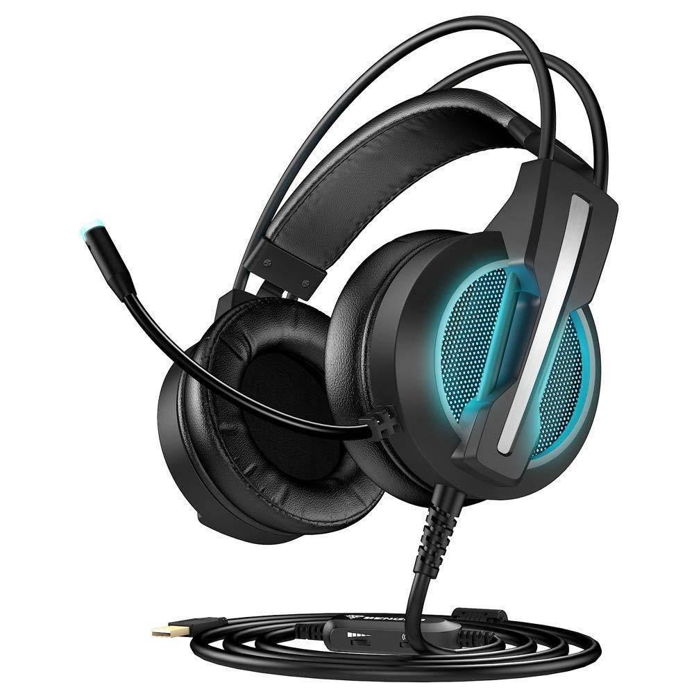 BENGOO GH1 Gaming Headset for PC, PS4 Gaming Console, USB 7.1 Surround Sound Gaming Headphones with Noise Canceling Mic, 4D Intelligent Vibration, Strong Bass, LED Light for Laptop Mac Games