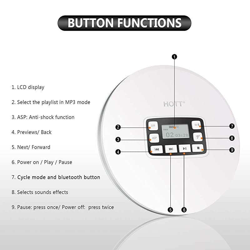 CD611 Portable CD Player, Personal Compact CD Player with LCD Display, Anti-Skip/Anti-Shock, Walkman Small Music CD Player with Headphones USB Cable for Car Home Travel (Black)