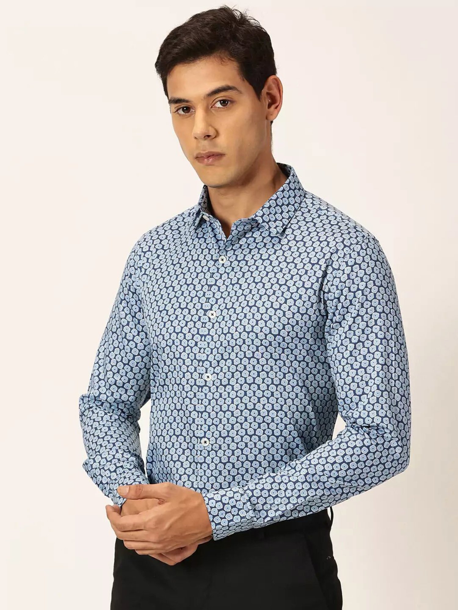 Thomas Scott Blue Slim Fit Printed Cotton Shirt