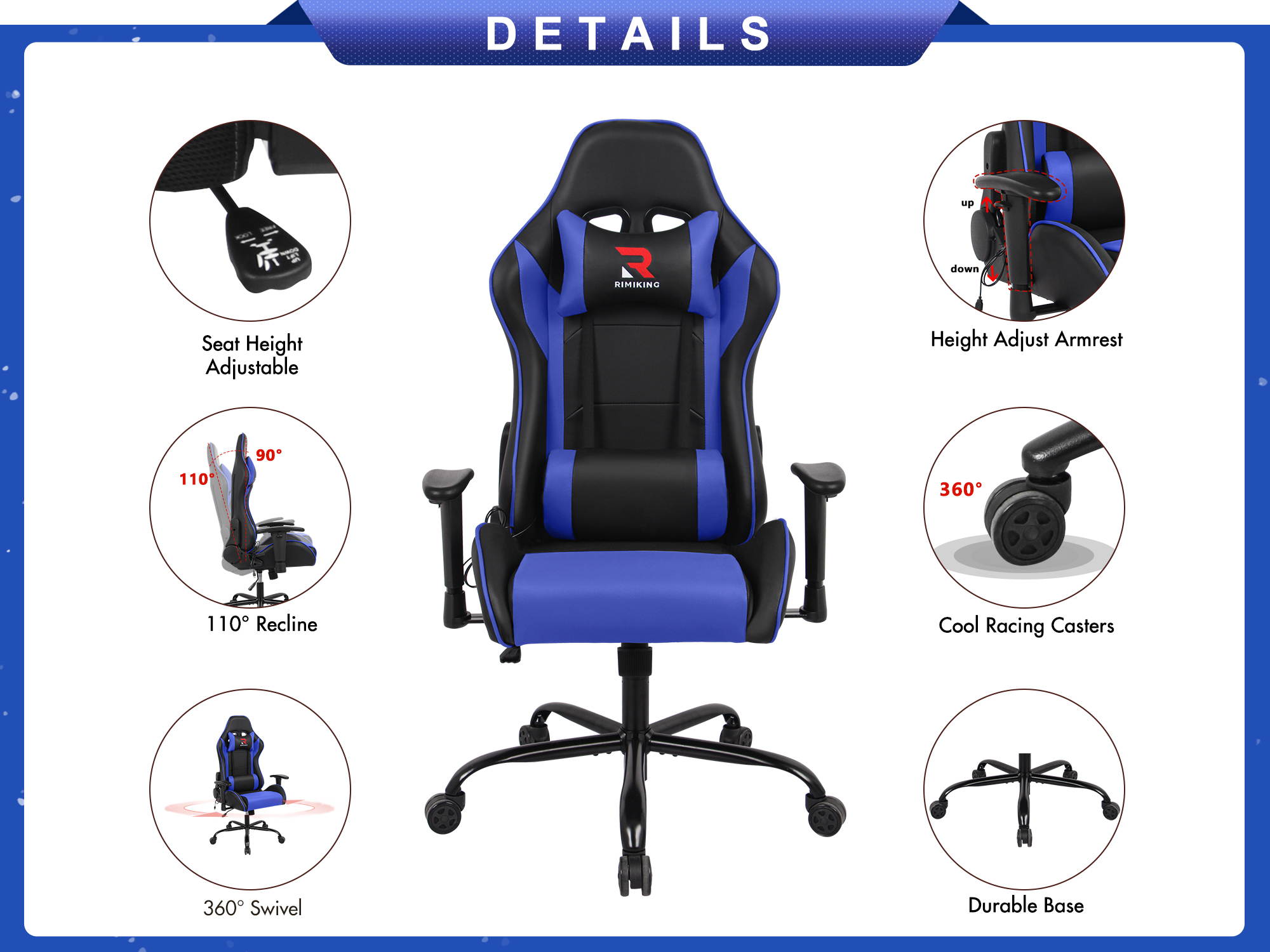 RIMIKING Massage Racing High Back Ergonomic  Computer Gaming Chair  Soft Headrest&Backrest Desk Chair Swivel Adjustable Armrest  Office Chair