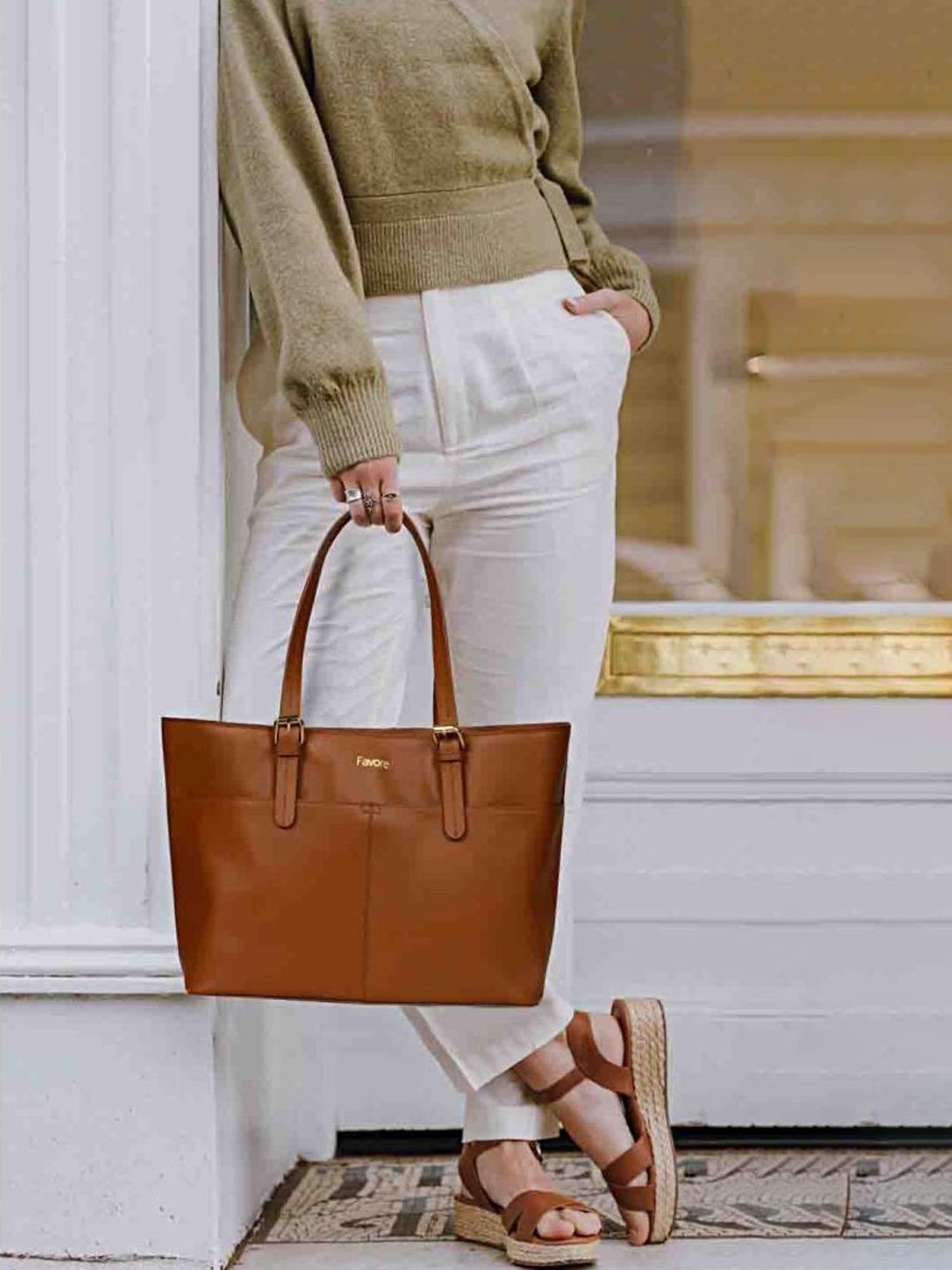 Favore Tan Solid Medium Tote Handbag