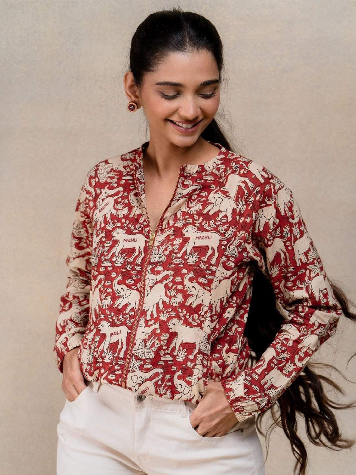 Okhai Red Animal Print Pure Cotton Casual Jacket