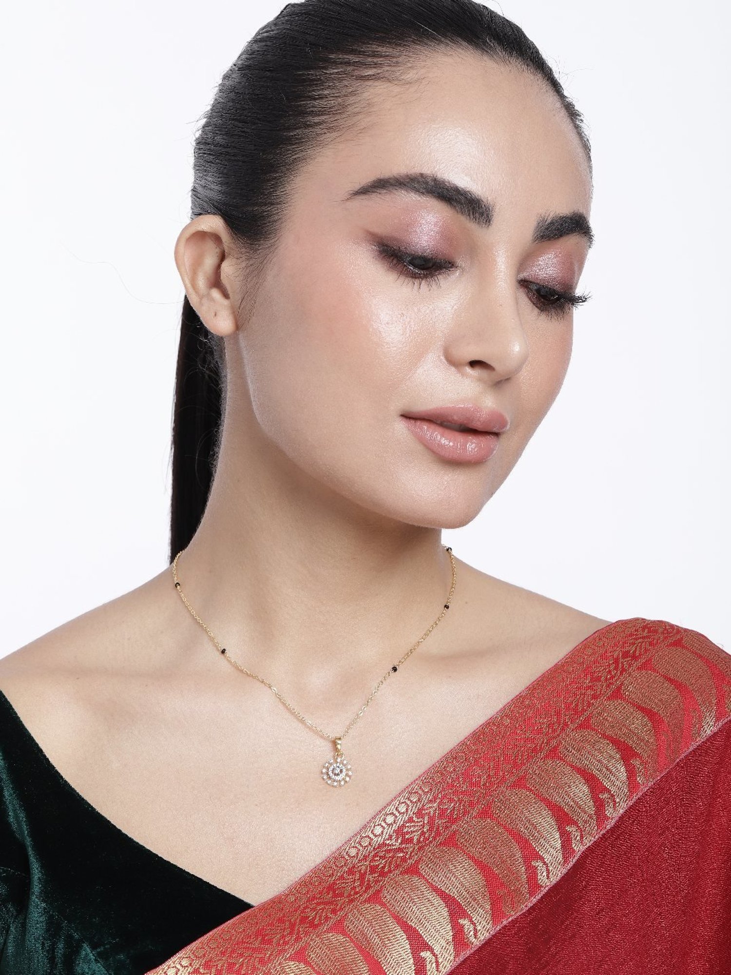 Abdesigns Gold-Plated American Diamond & Black Beaded Mangalsutra