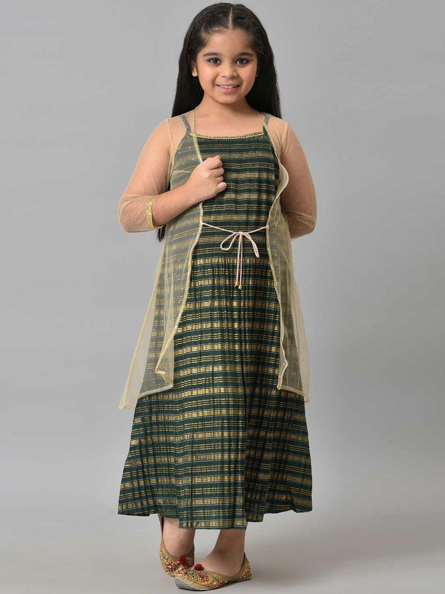 Aurelia Kids Green & Golden Printed Dress