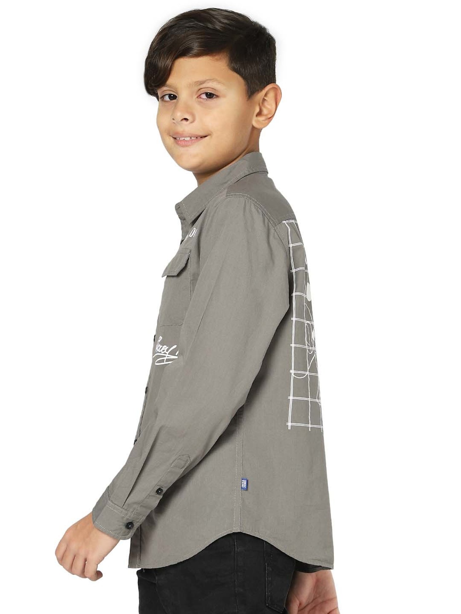 Jack & Jones Junior Charcoal Grey Cotton Printed Full Sleeves Shirt