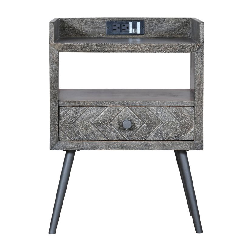 25" Raised Top Wooden End Side Table Nightstand with Drawer and Power Outlet Gray - The Urban Port