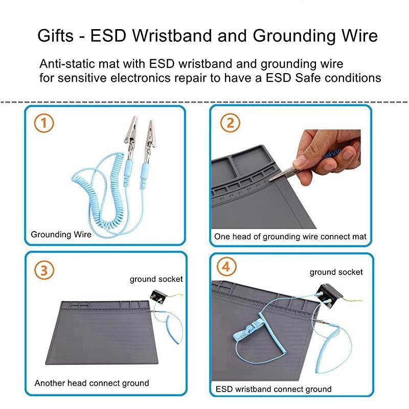 AntiStatic Mat ESD Safe for Electronic Includes ESD Wristband and Grounding Wire  Silicone Soldering Repair Mat 932&deg;F Heat Resistant for iPhone iPad iMac Laptop Computer 159 x 12 Grey