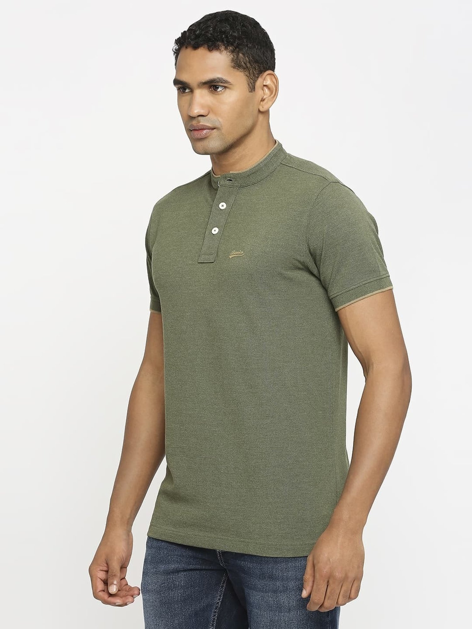 Basics Green Cotton Muscle Fit Henley T-Shirt