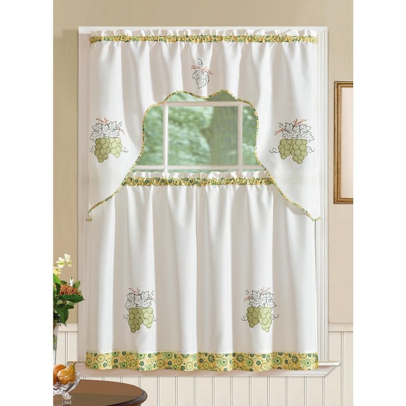 Ramallah Trading Grand Grapes Embroidered Kitchen Curtain - 60 x 36, White