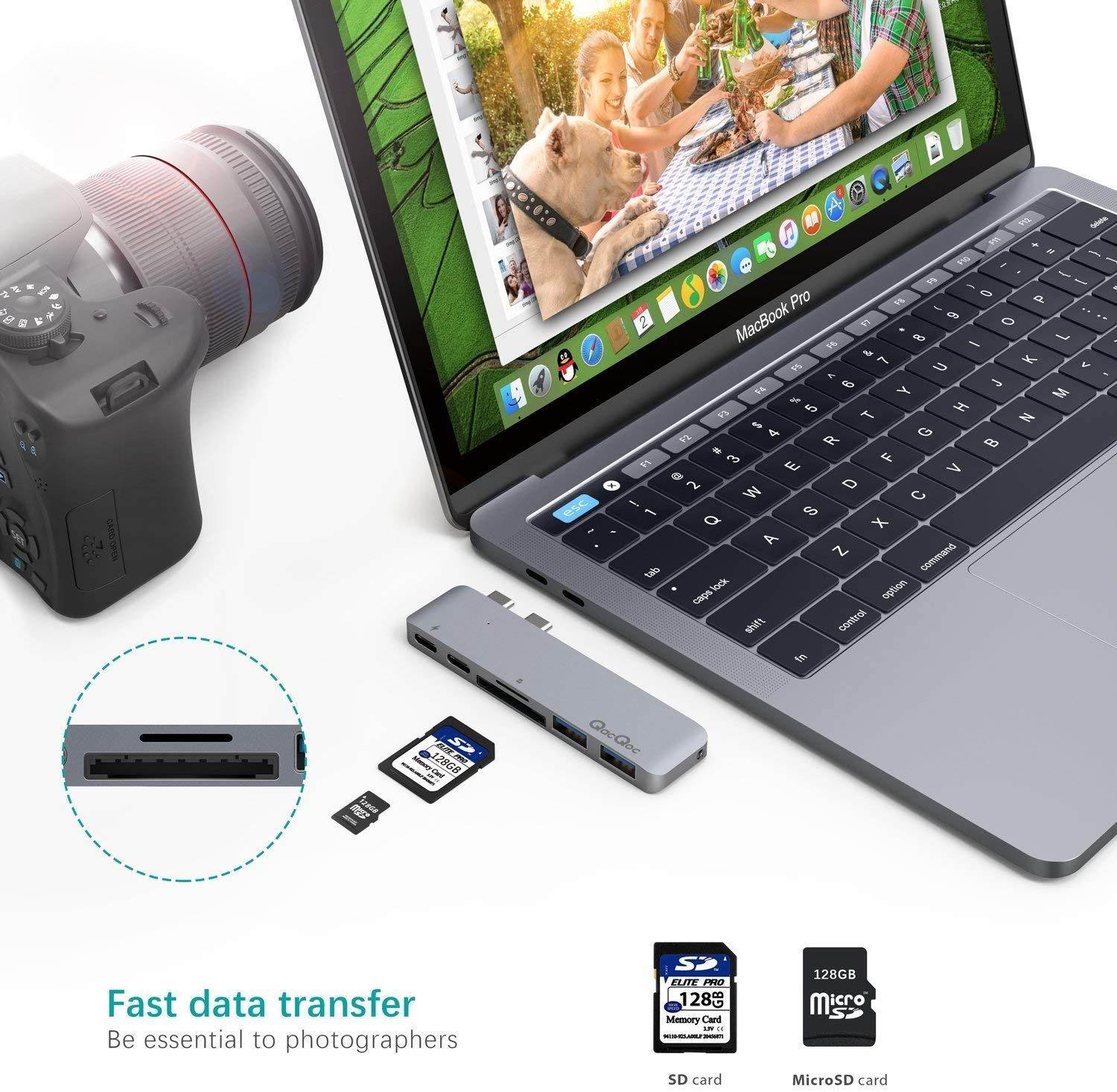 QacQoc USB C Hub, Aluminum USB Type-C Adapter with 40Gbs Thunderbolt 3,Type C Data Transfer,SD/Micro Card Reader and 2 USB 3.0 Ports,Compatible with 2016/2017/2018 MacBook Pro 13" and 15" (28A Grey)