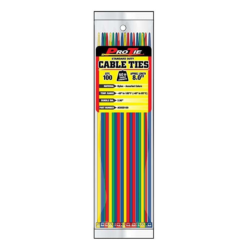 AC8SD100 8Inch Assorted Color Standard Duty Color Cable Tie Assorted Nylon 100Pack