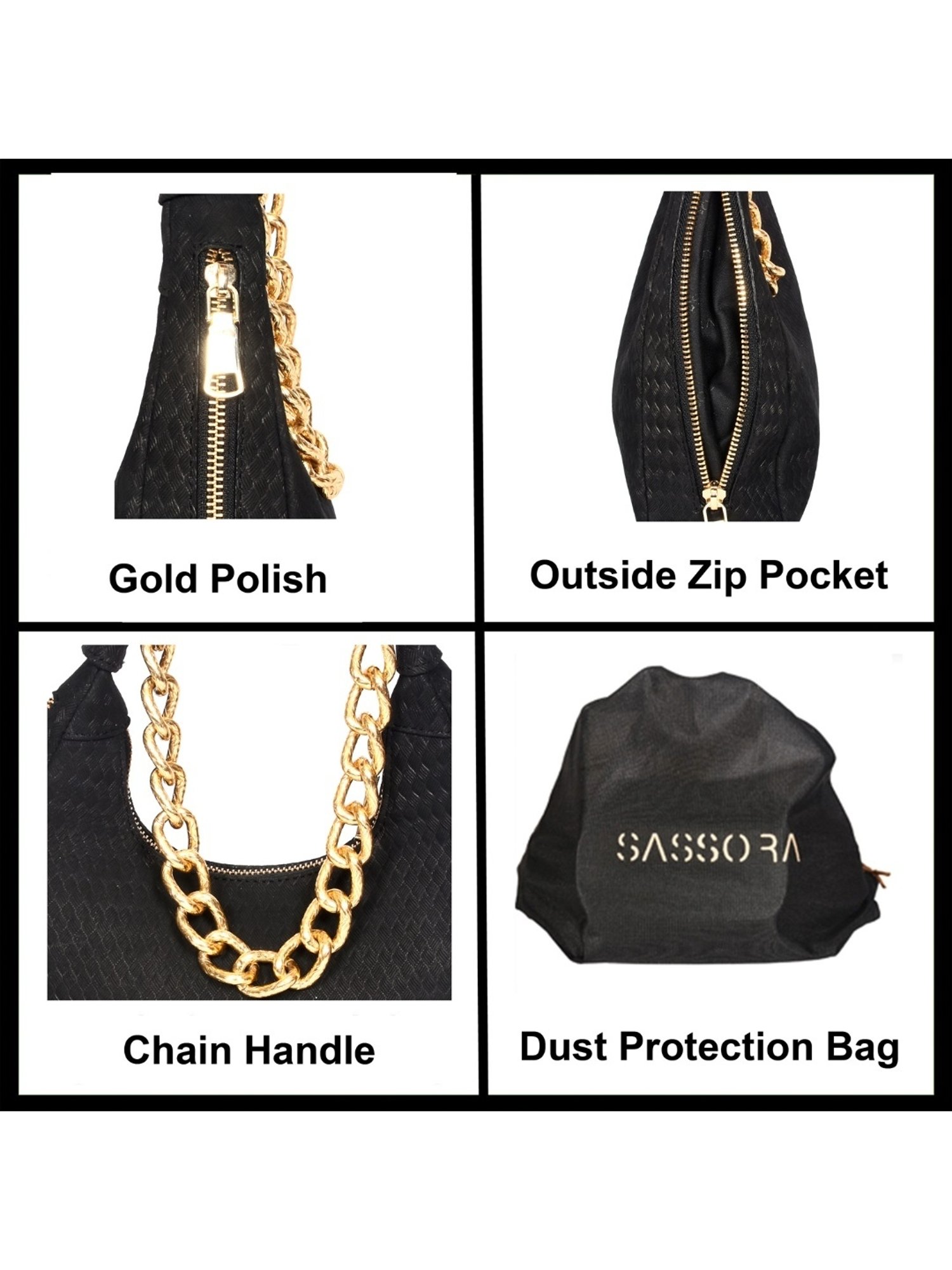 SASSORA MEI Black Leather Textured Small Hobo Bag