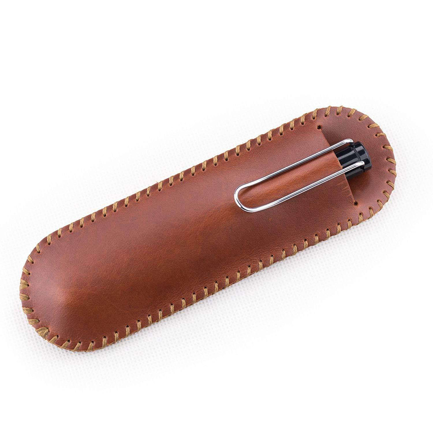 Ancicraft Genuine Leather Pen Sleeve Case Holder Pouch Handmade (For Single or Double Pens, Red Brown)