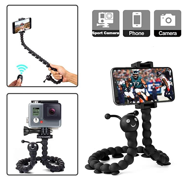 Phone Tripod, Suction Cup Monopod Tripod Stand with Bluetooth Remote, Portable Mini Tripod Compatible with iPhone/Android Samsung, Sport Camera, Phone Stand Holder -Black