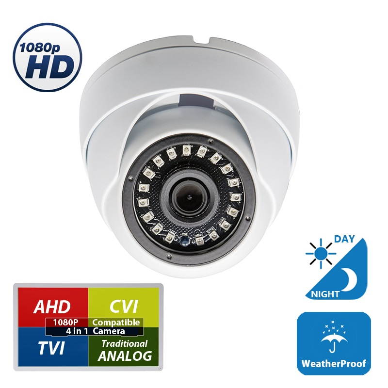 Evertech Full HD 1080p Indoor Outdoor Dome Security Camera 4-in1 HD-CVI/TVI/AHD/Analog Night Vision 2.8mm Lens White Metal Housing CCTV Camera