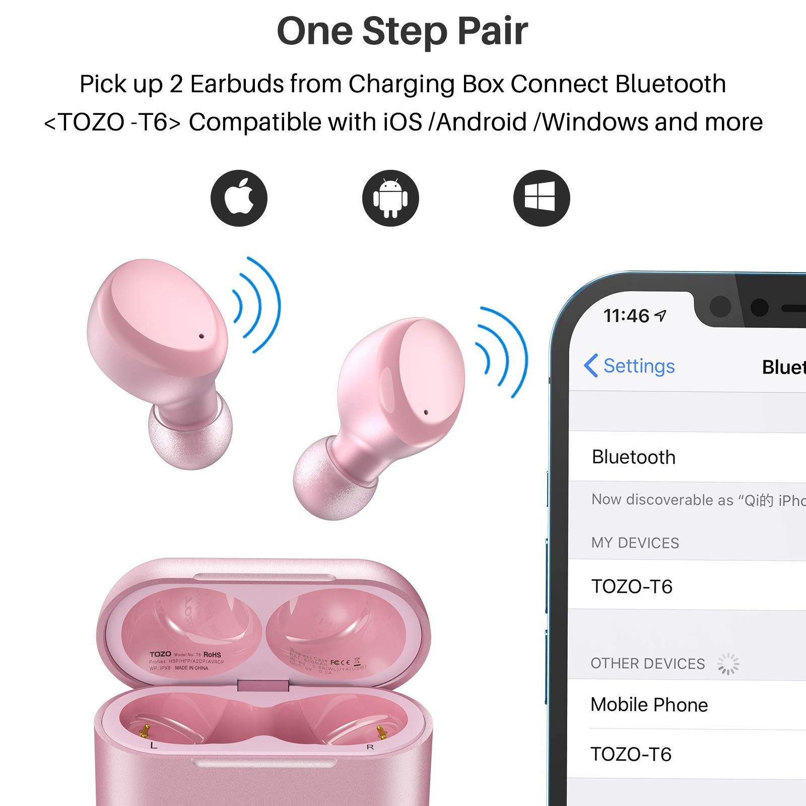 TOZO T6 True Wireless Earbuds Bluetooth Headphones Touch Control with Wireless Charging Case IPX8 Waterproof  Stereo Earphones in-Ear Built-in Mic Headset Premium Deep Bass for Sport