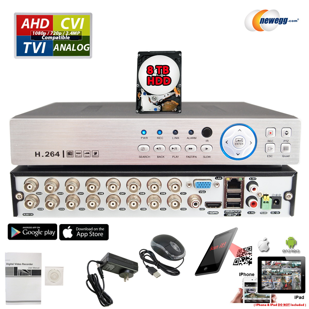 Evertech HD H.265 16 Channel Hybrid DVR Security Recorder with 8TB Hard Drive, Compatible with AHD/TVI/CVI/Analog Cameras