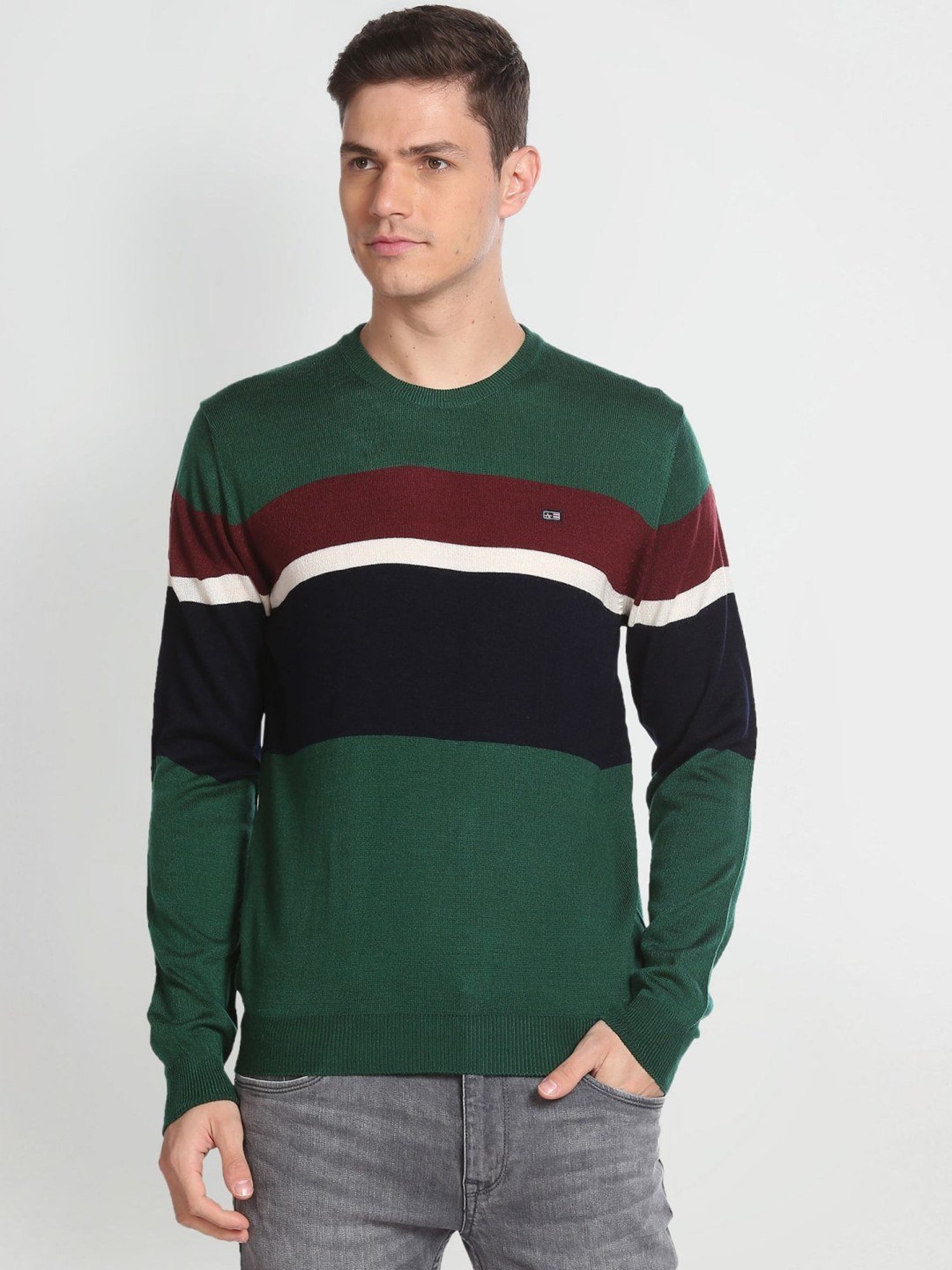 Arrow Sport Green Regular Fit Colour Block Sweater