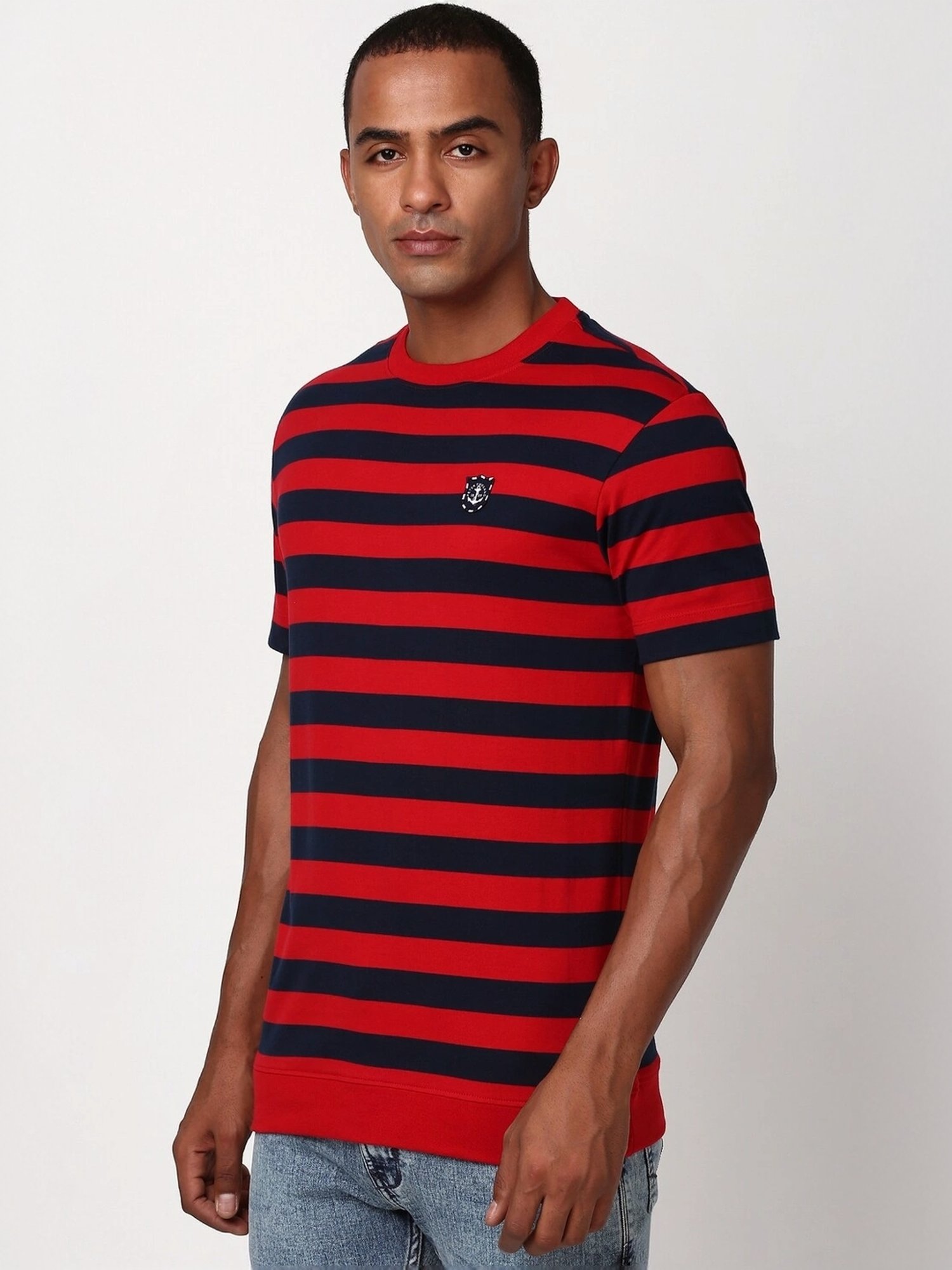 Peter England Red Cotton Regular Fit Striped T-Shirt
