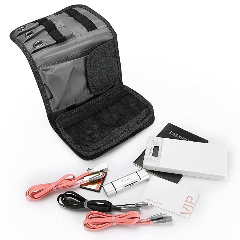 Travel Gadgets Organizer Bag Universal Electronic Accessories Cable RollUp Pouch Portable Gear Storage Carrying Cover for Cords SD Memory Cards Earphone Hard Drive Black