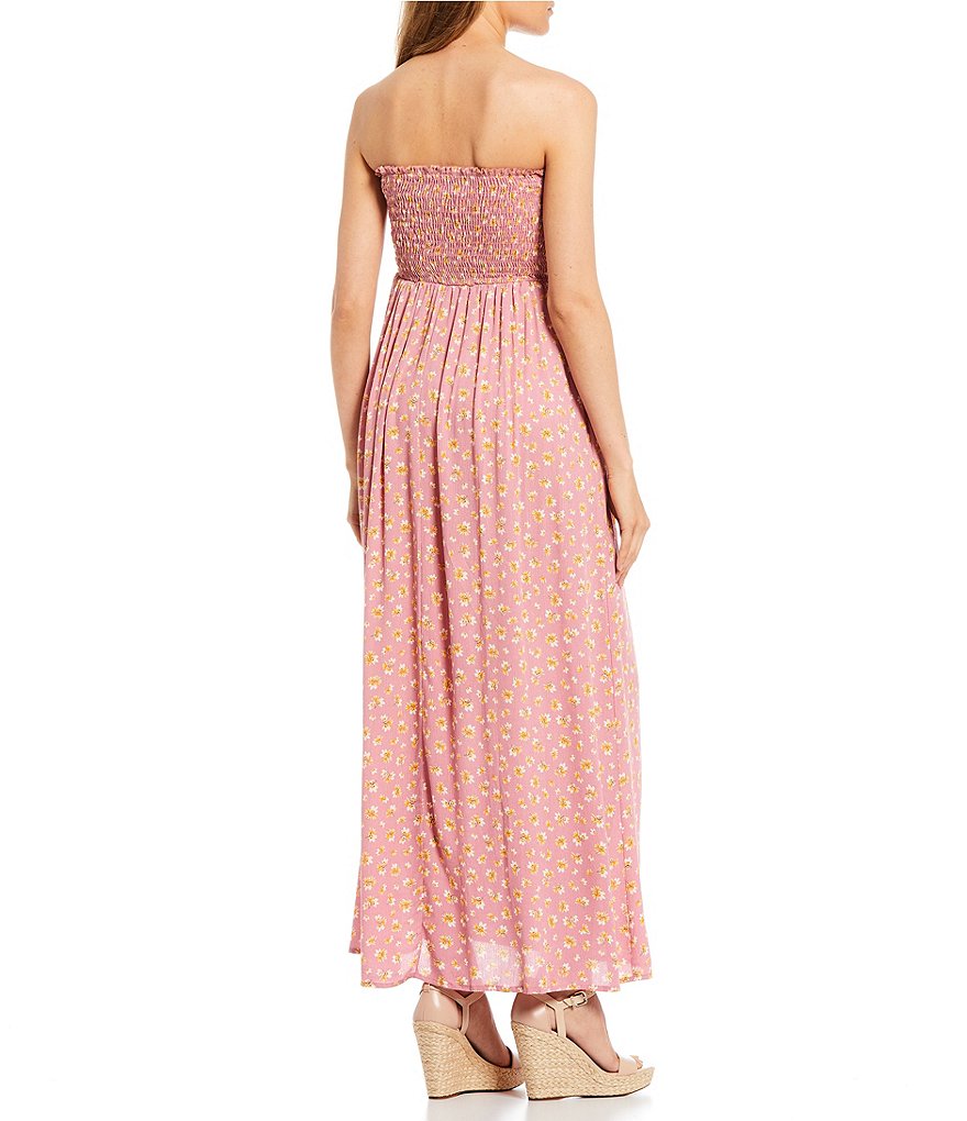 Stilletto's Floral Strapless Smocked Button Front Maxi Dress