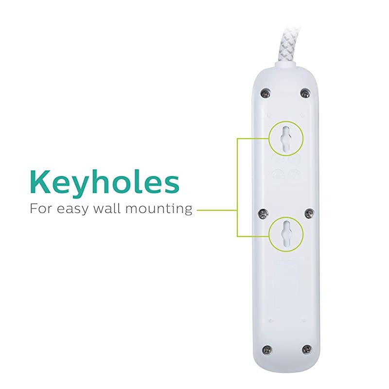 Accessories 3 Outlet 3 USB Surge Protector Extension Cord, 10 Ft Extra-Long Power Cord, Braided Extension Cord, Power Strip, Flat Plug, 300 Joules, ETL Listed, White, SPC6334WE/37